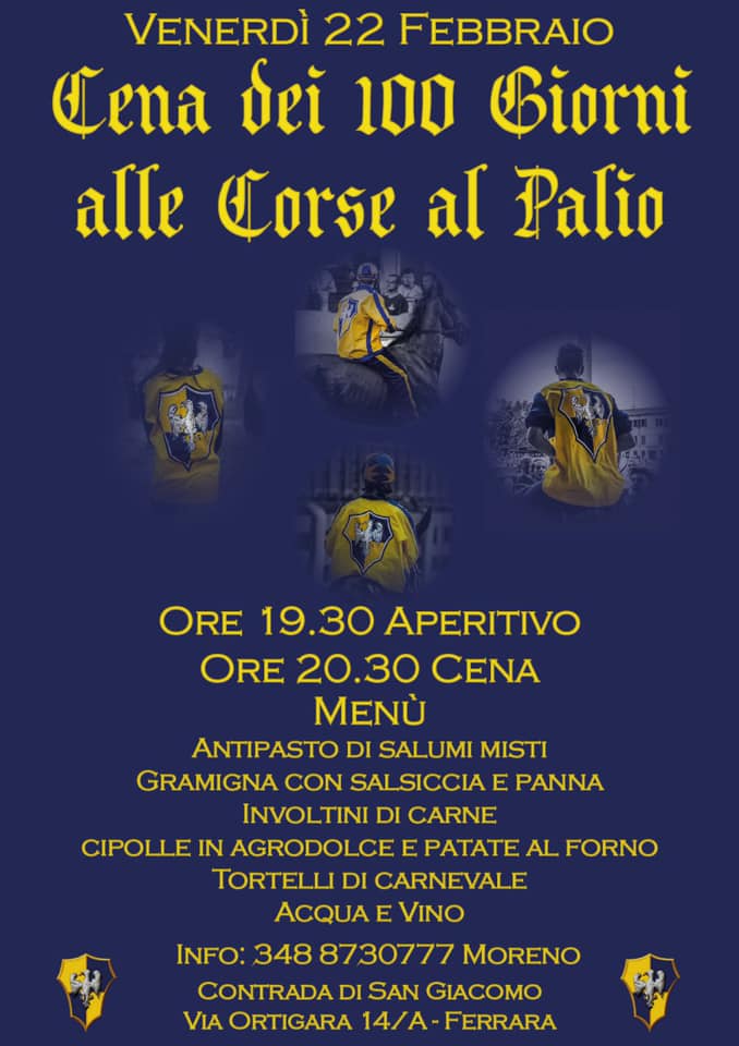 Ferrara: il 22 febbraio la cena dei 100 giorni al Palio nella Contrada San Giacomo