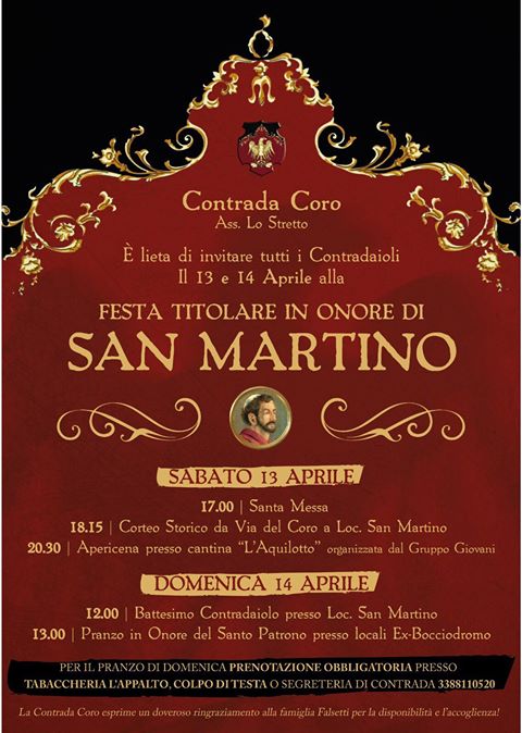 Oggi e domani la festa in onore di San Martino della Contrada Coro