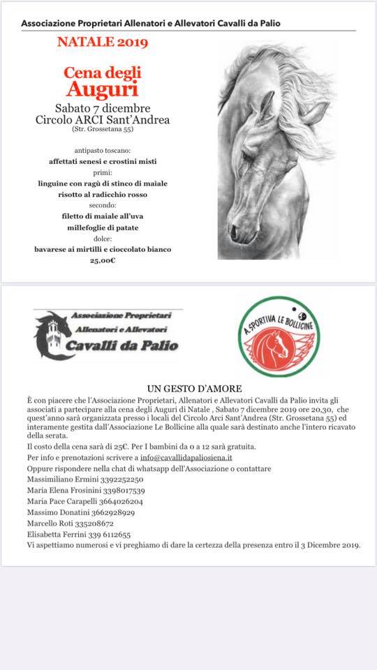 Questa sera la cena degli auguri dell'Associazione Proprietari Cavalli da Palio