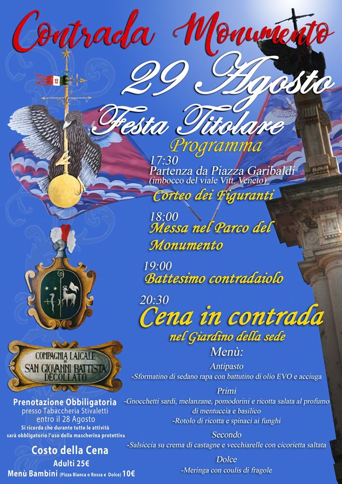 Il 29 agosto la Contrada del Monumento festeggia il Santo Patrono