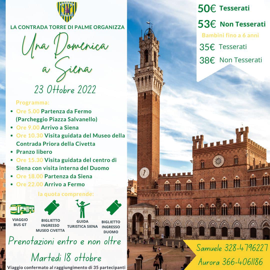 Fermo: la contrada Torre di Palme organizza una gita a Siena